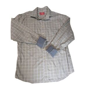 Rufus Men's Long Sleeve Button Down Shirt | Brown Plaid | Geometric Cuffs | 100%